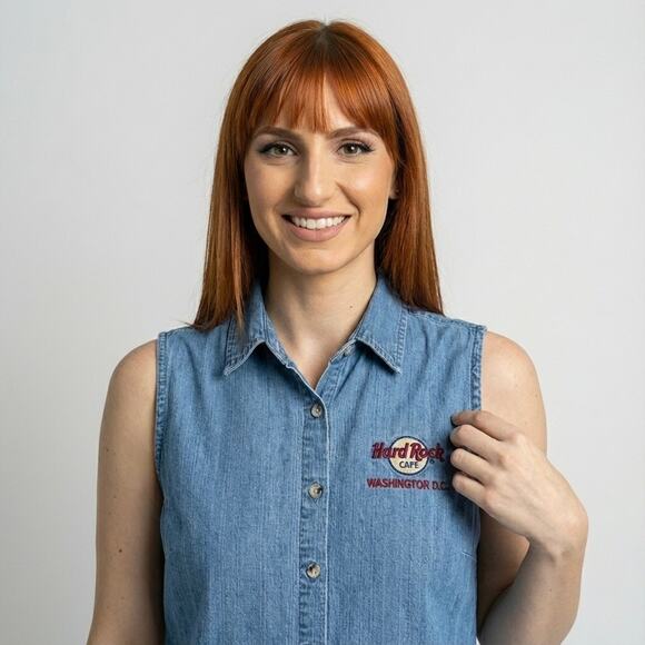 Vintage Y2K Hard Rock Cafe Sleeveless Denim Shirt XL Button Front Washington DC - Picture 2 of 7